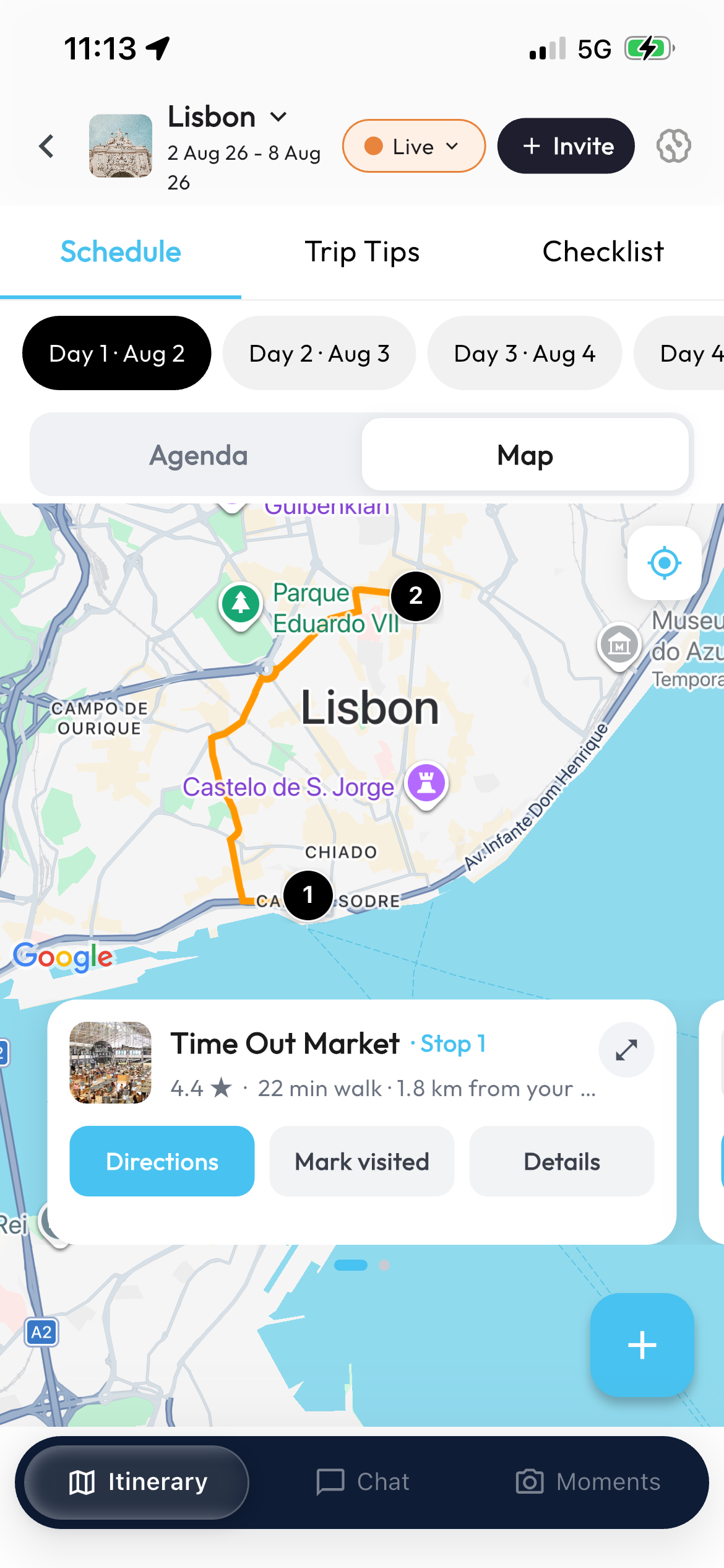 Live mode showing the day's route through Lisbon with numbered stops, and the current stop offering directions.