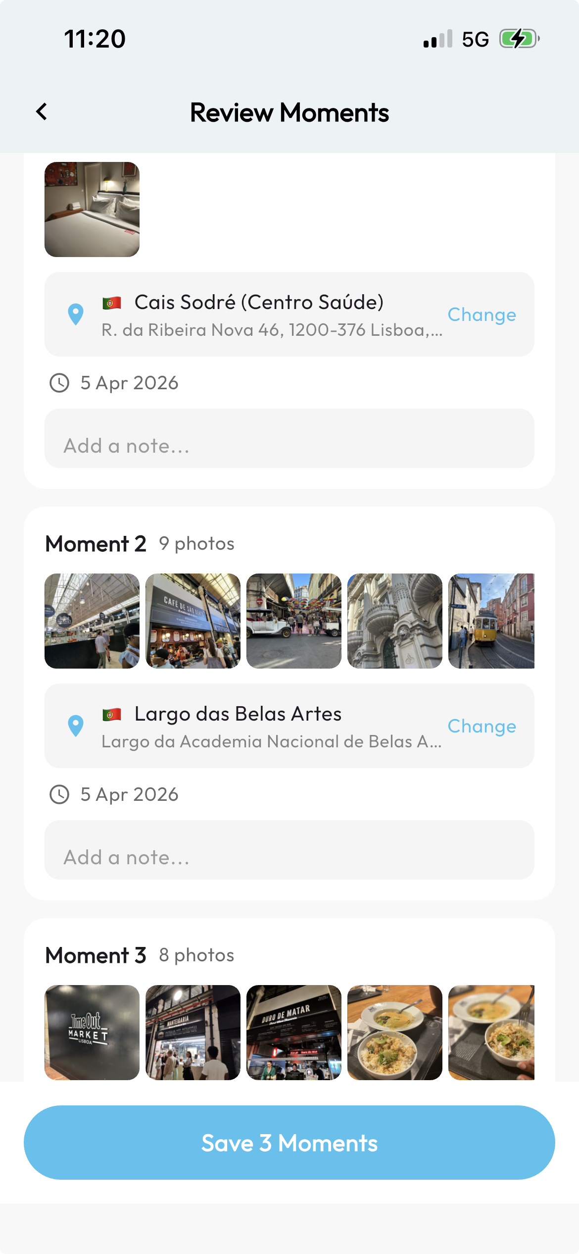 Photos taken during the day grouped into moments, each one already carrying the place it was taken and the date, ready to save to the trip.